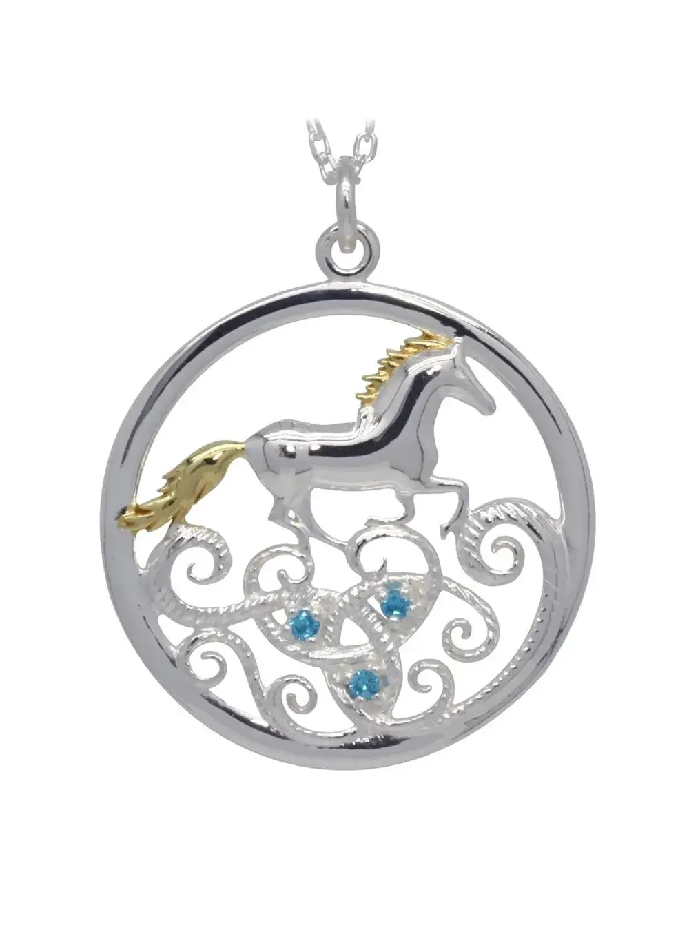 Sterling Silver Celtic Legends Tir Na Nog Pendant With Horse and Triskele Symbol motifs with gold plating